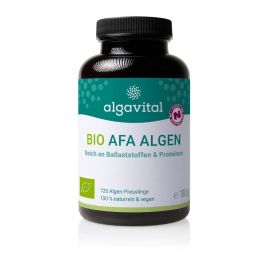 Algavital Bio Afa Algen, 720 Presslinge à 250mg, dunkle Dose mit meerfarbenen Aufdruck auf weißen Hintergrund