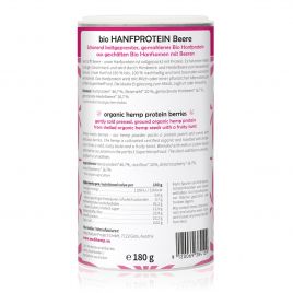 MEDIHEMP Organic Hemp Protein Berries, 180g, white packaging with magenta hemp leaves on white background