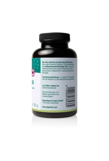 Algavital Bio Afa Algen, 720 Presslinge à 250mg, dunkle Dose mit meerfarbenen Aufdruck auf weißen Hintergrund