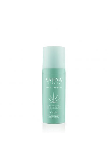 SATIVA BEAUTY CALM Face Cream, 50ml, türkis-grüne zylinderförmige Verpackung mit weißen Schriftzug