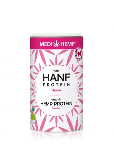 MEDIHEMP Organic Hemp Protein Berries, 180g, white packaging with magenta hemp leaves on white background