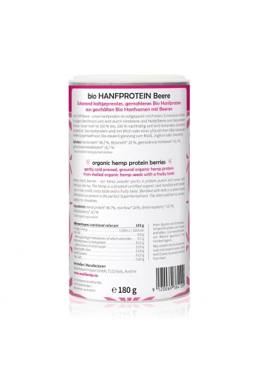 MEDIHEMP Organic Hemp Protein Berries, 180g, white packaging with magenta hemp leaves on white background
