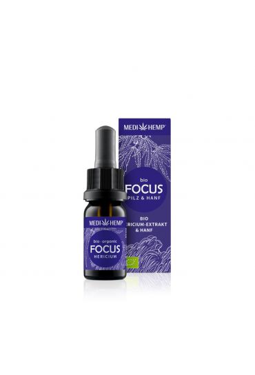 MEDIHEMP Focus Hericium-Extrakt & Hanf, 10ml, braune Flasche mit dunkelblauen Etikett