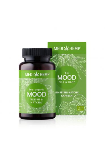 MEDIHEMP Mood Reishi-Hatcha Kapseln, 120 Stk., braune Dose mit grassgrünem Etikett