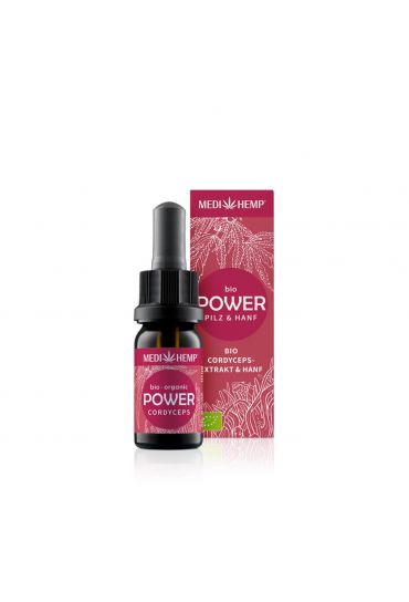 MEDIHEMP Power Cordyceps-militaris-Extrakt & Hanf, 10ml braune Flasche mit himbeerfarbenen Etikett