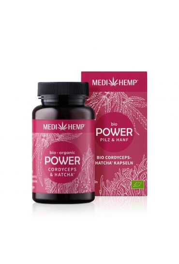 MEDIHEMP Power Cordyceps-militaris-Hatcha Kapseln, 120 Stk, braune Dose mit himbeerfarbenen Etikett