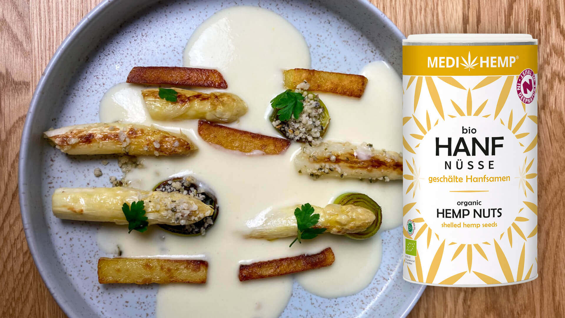 Spargel-Vichyssoise mit karamellisierten MEDIHEMP Bio Hanfnüssen